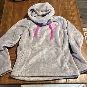 The North Face Light Gray Fleece Hoodie with Pink Accents